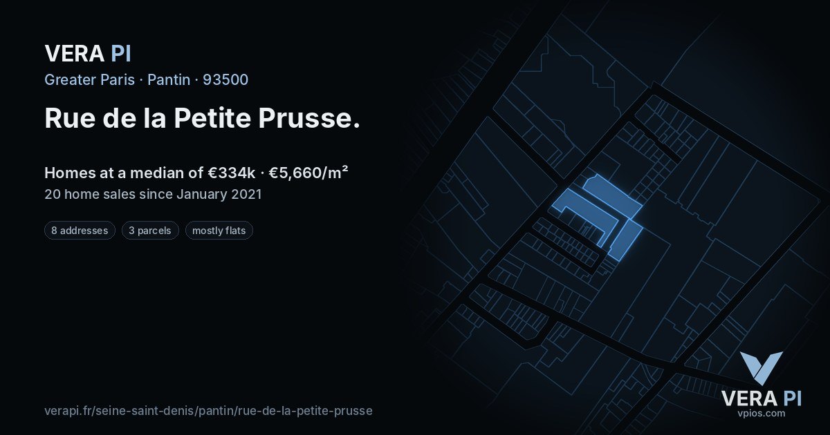 Rue de la Petite Prusse, Pantin at night – every parcel coloured by the prices around it, the street's own parcels lit