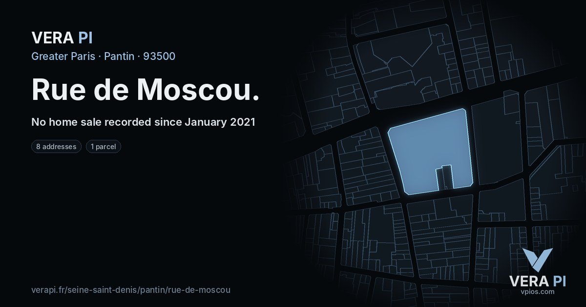 Rue de Moscou, Pantin at night – every parcel coloured by the prices around it, the street's own parcels lit