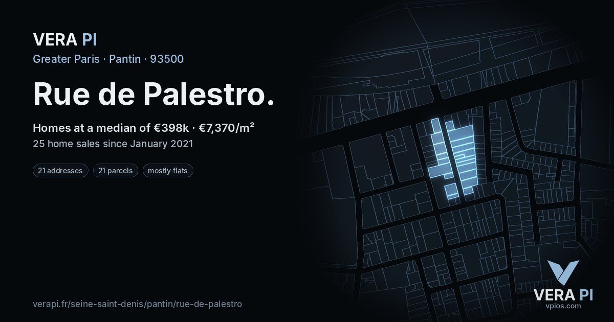 Rue de Palestro, Pantin at night – every parcel coloured by the prices around it, the street's own parcels lit