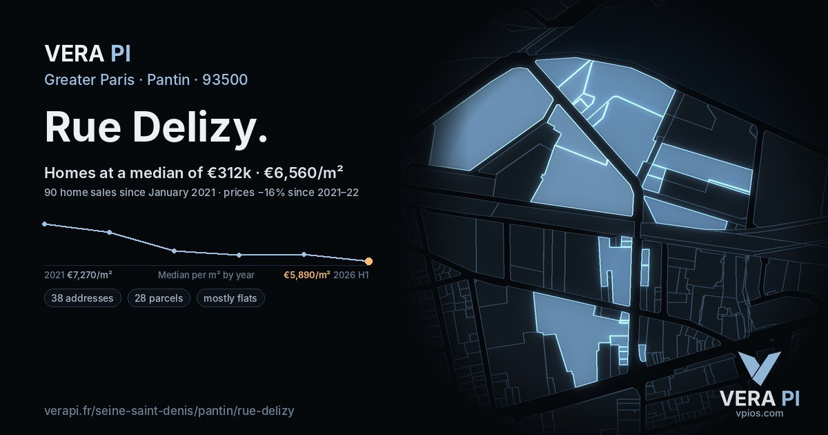 Rue Delizy, Pantin at night – every parcel coloured by the prices around it, the street's own parcels lit