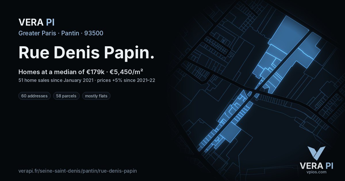 Rue Denis Papin, Pantin at night – every parcel coloured by the prices around it, the street's own parcels lit