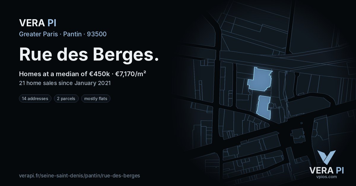Rue des Berges, Pantin at night – every parcel coloured by the prices around it, the street's own parcels lit