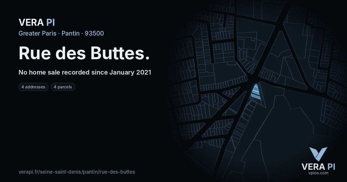 Rue des Buttes, Pantin at night – every parcel coloured by the prices around it, the street's own parcels lit