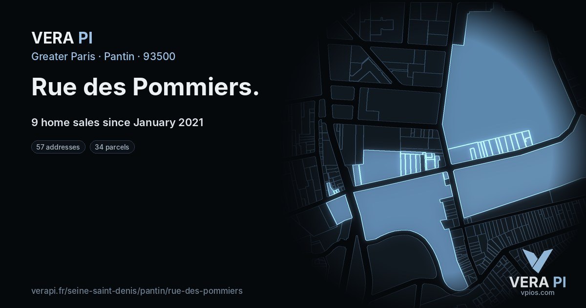 Rue des Pommiers, Pantin at night – every parcel coloured by the prices around it, the street's own parcels lit