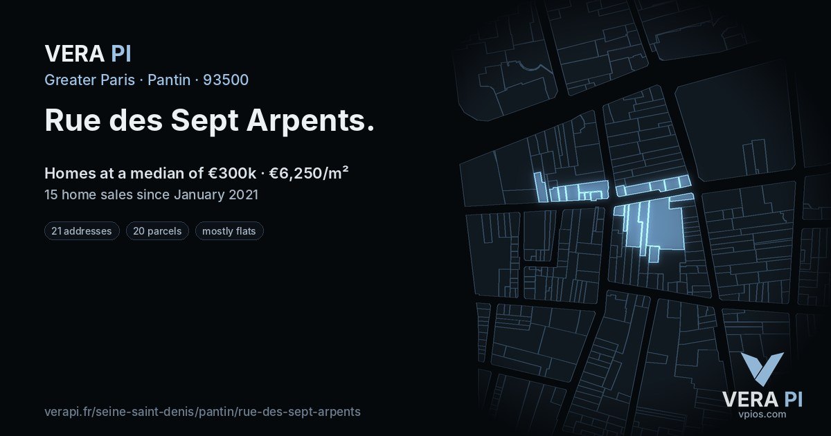 Rue des Sept Arpents, Pantin at night – every parcel coloured by the prices around it, the street's own parcels lit