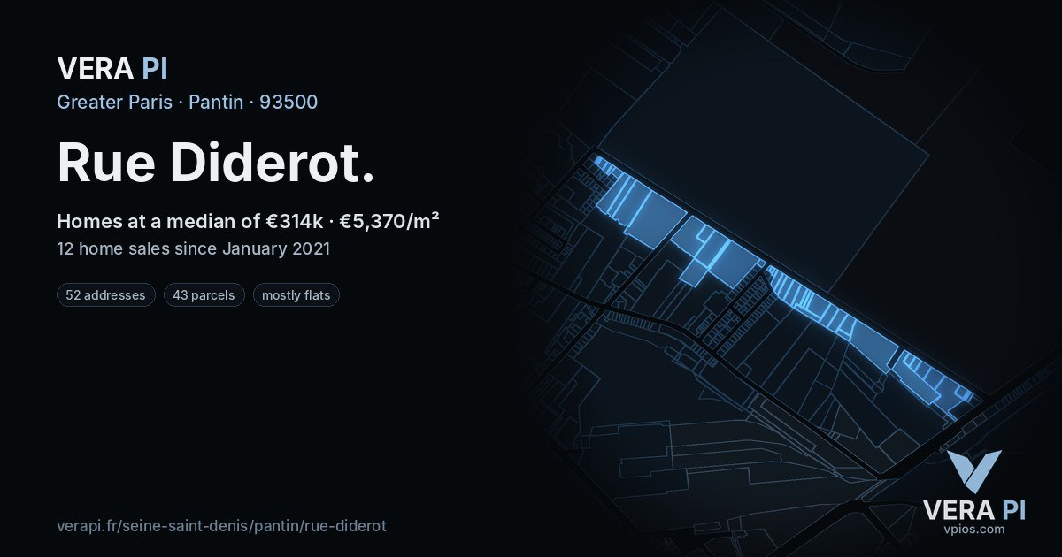 Rue Diderot, Pantin at night – every parcel coloured by the prices around it, the street's own parcels lit