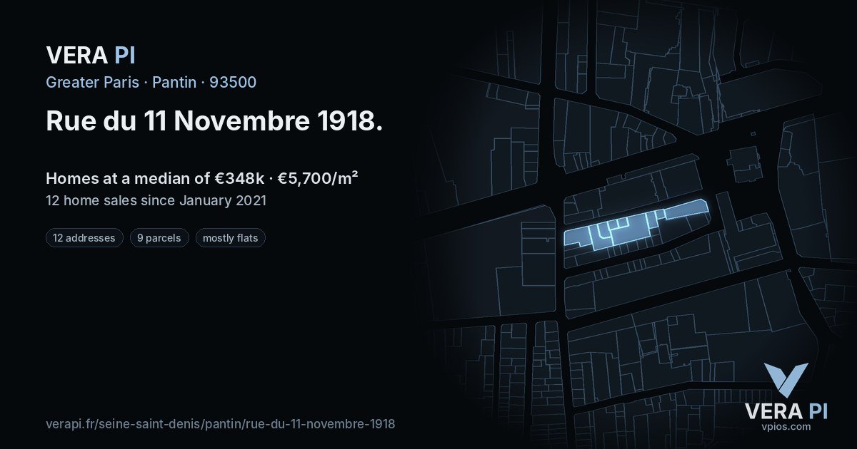 Rue du 11 Novembre 1918, Pantin at night – every parcel coloured by the prices around it, the street's own parcels lit