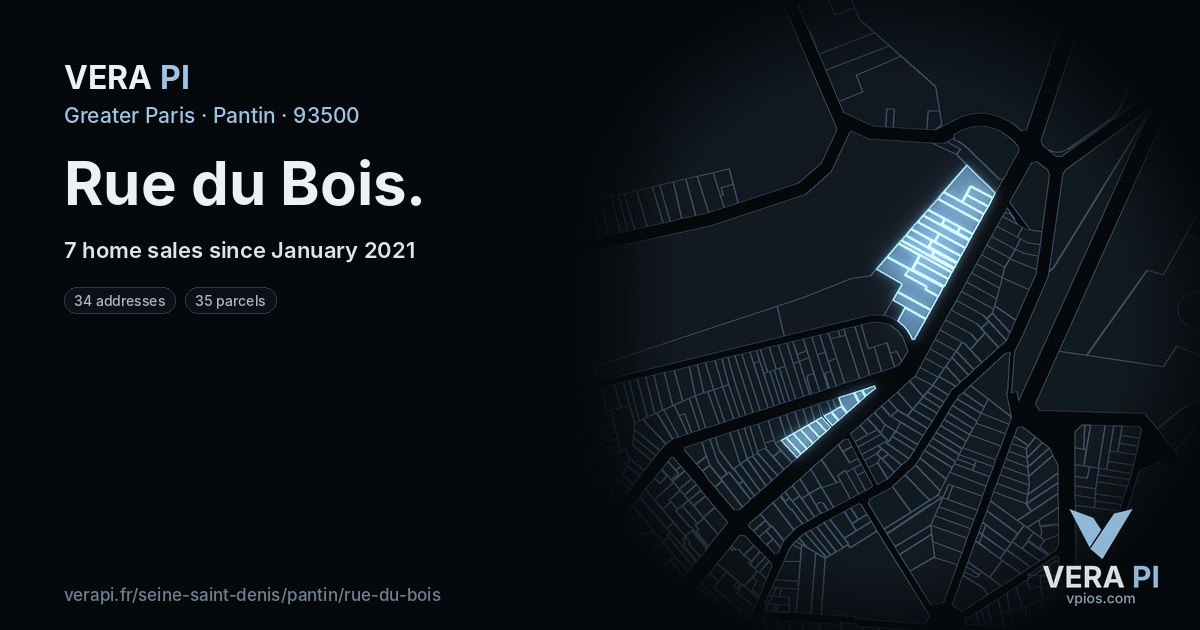 Rue du Bois, Pantin at night – every parcel coloured by the prices around it, the street's own parcels lit