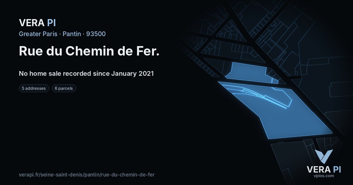 Rue du Chemin de Fer, Pantin at night – every parcel coloured by the prices around it, the street's own parcels lit