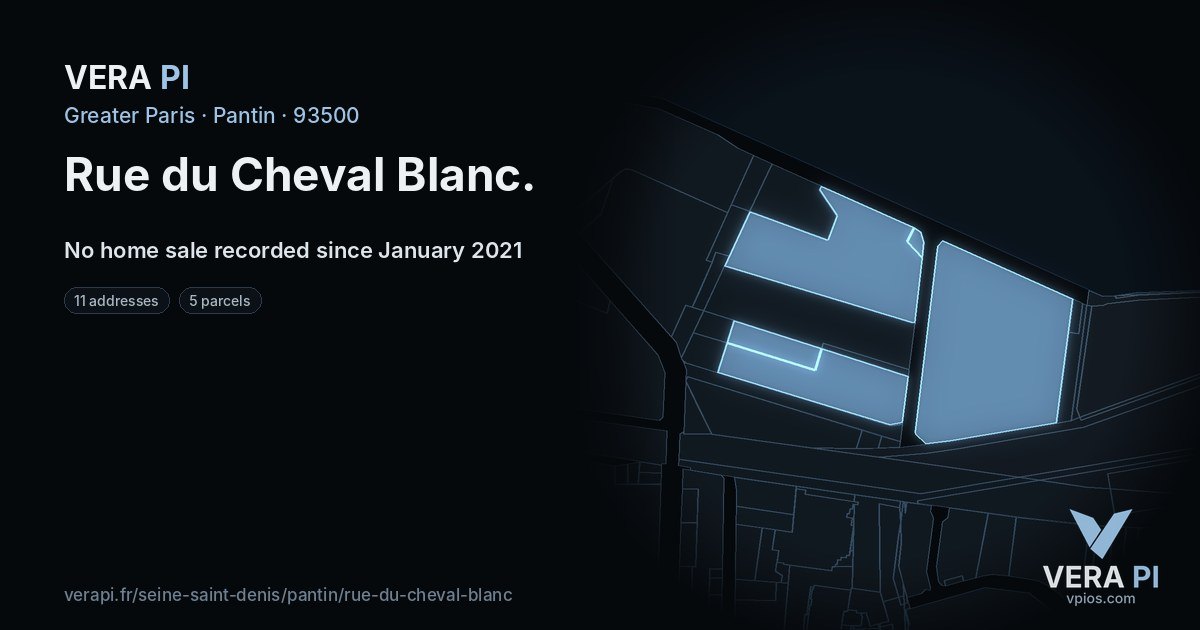 Rue du Cheval Blanc, Pantin at night – every parcel coloured by the prices around it, the street's own parcels lit