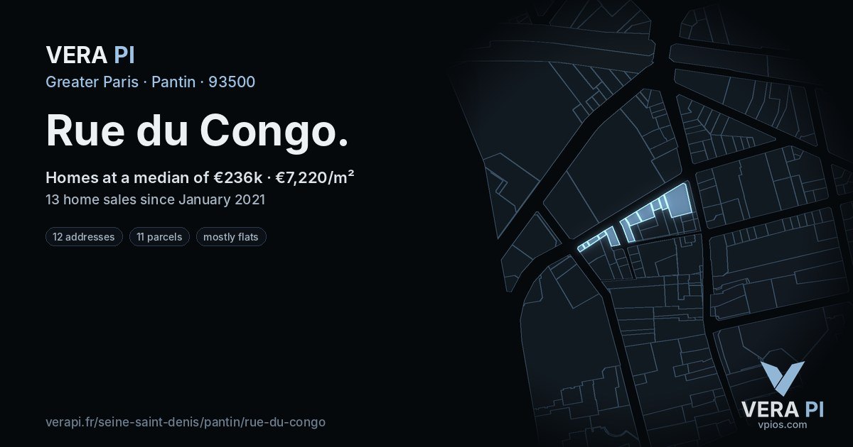 Rue du Congo, Pantin at night – every parcel coloured by the prices around it, the street's own parcels lit