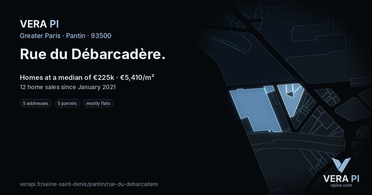 Rue du Débarcadère, Pantin at night – every parcel coloured by the prices around it, the street's own parcels lit