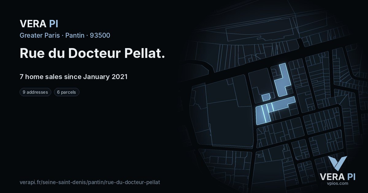 Rue du Docteur Pellat, Pantin at night – every parcel coloured by the prices around it, the street's own parcels lit