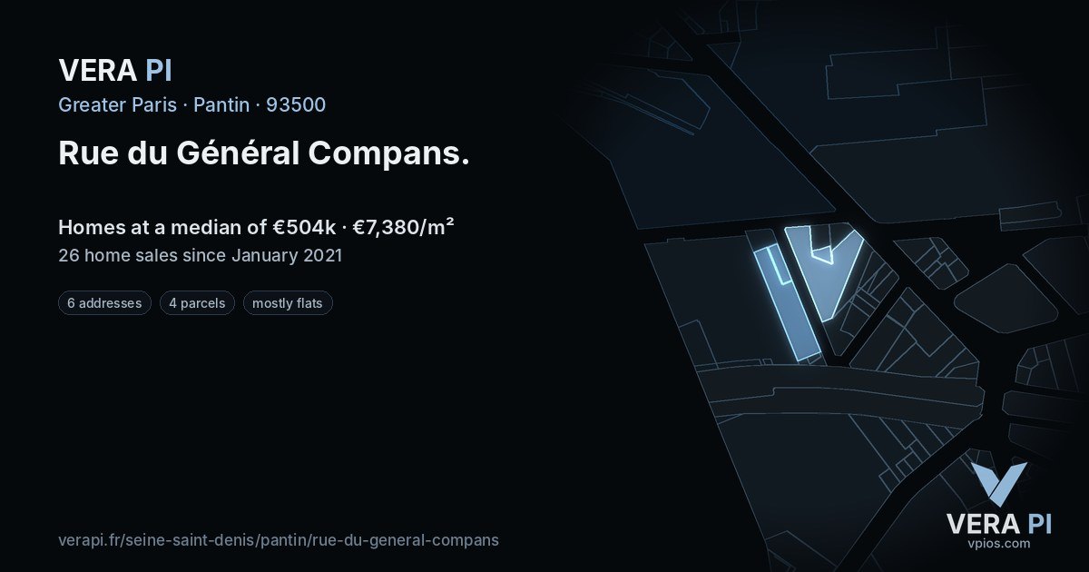 Rue du Général Compans, Pantin at night – every parcel coloured by the prices around it, the street's own parcels lit
