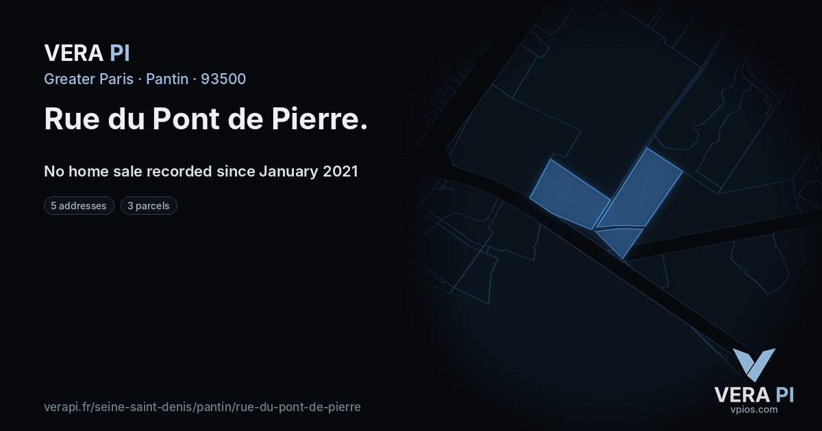 Rue du Pont de Pierre, Pantin at night – every parcel coloured by the prices around it, the street's own parcels lit