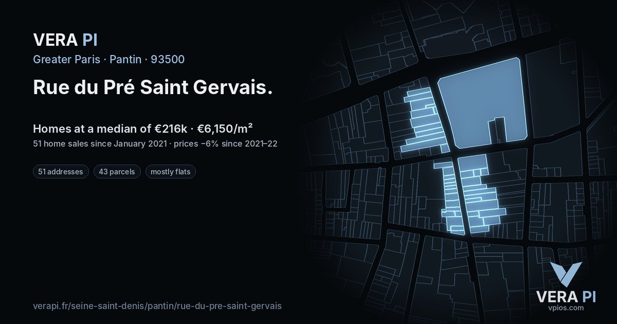 Rue du Pré Saint Gervais, Pantin at night – every parcel coloured by the prices around it, the street's own parcels lit