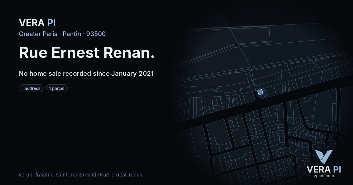 Rue Ernest Renan, Pantin at night – every parcel coloured by the prices around it, the street's own parcels lit