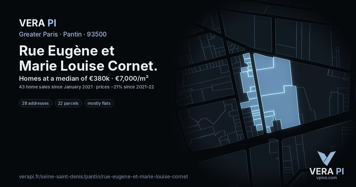 Rue Eugène et Marie Louise Cornet, Pantin at night – every parcel coloured by the prices around it, the street's own parcels lit