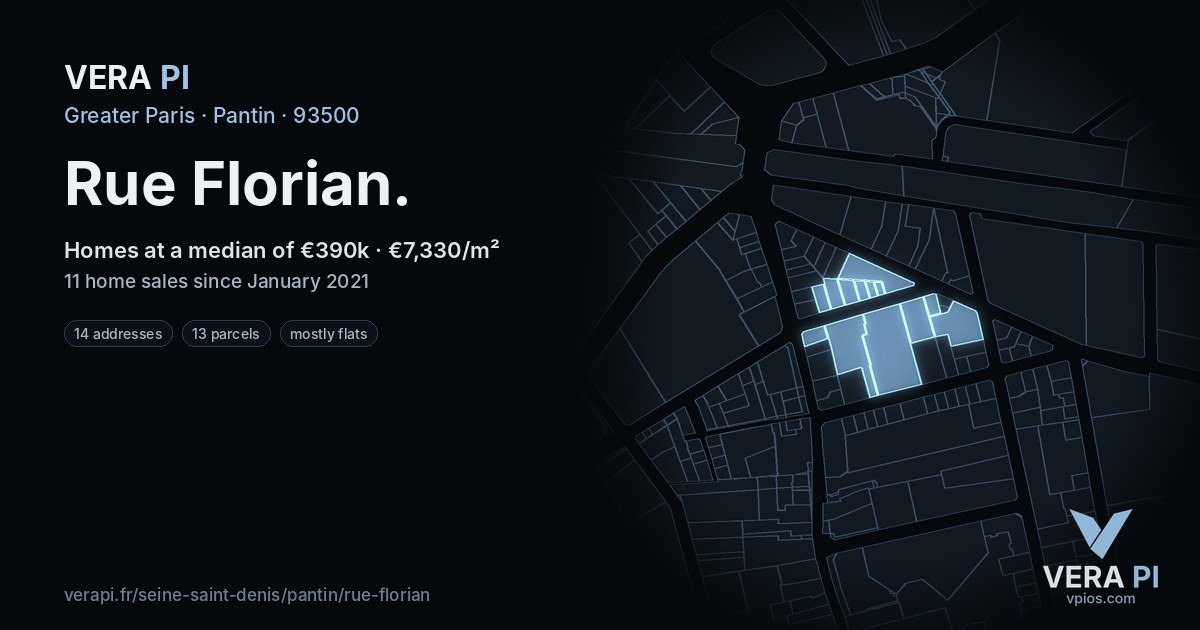 Rue Florian, Pantin at night – every parcel coloured by the prices around it, the street's own parcels lit
