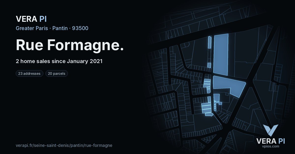 Rue Formagne, Pantin at night – every parcel coloured by the prices around it, the street's own parcels lit