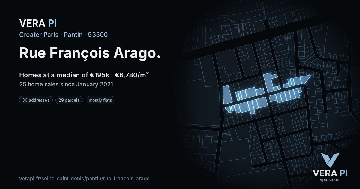 Rue François Arago, Pantin at night – every parcel coloured by the prices around it, the street's own parcels lit