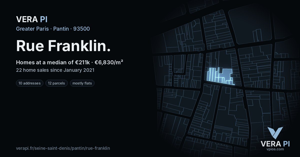 Rue Franklin, Pantin at night – every parcel coloured by the prices around it, the street's own parcels lit