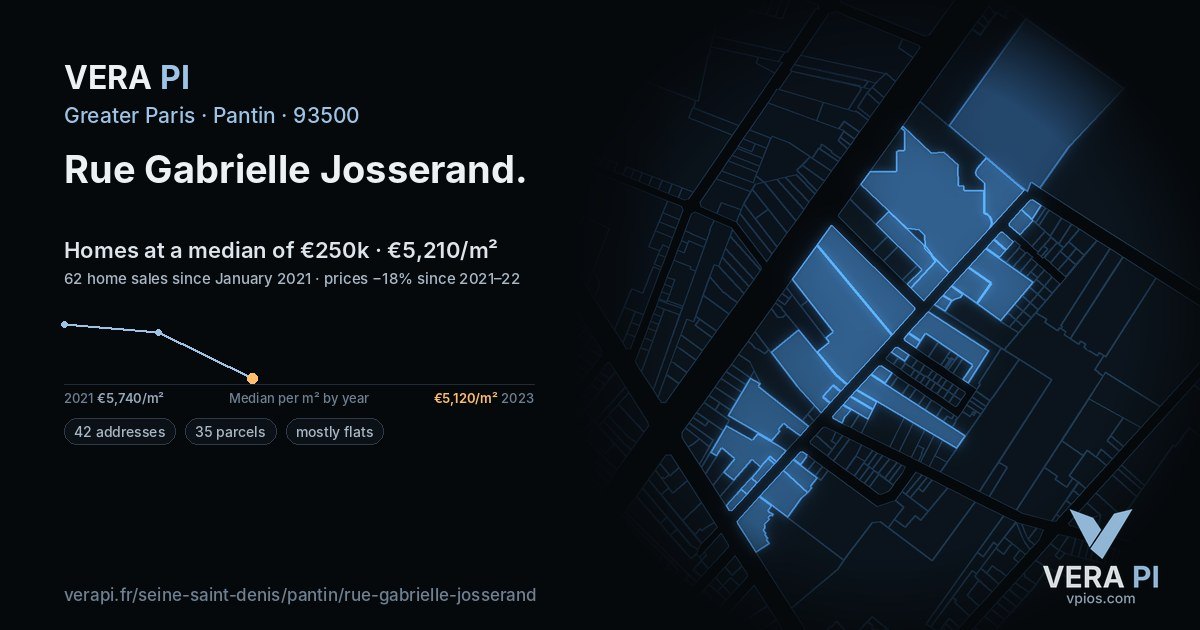 Rue Gabrielle Josserand, Pantin at night – every parcel coloured by the prices around it, the street's own parcels lit