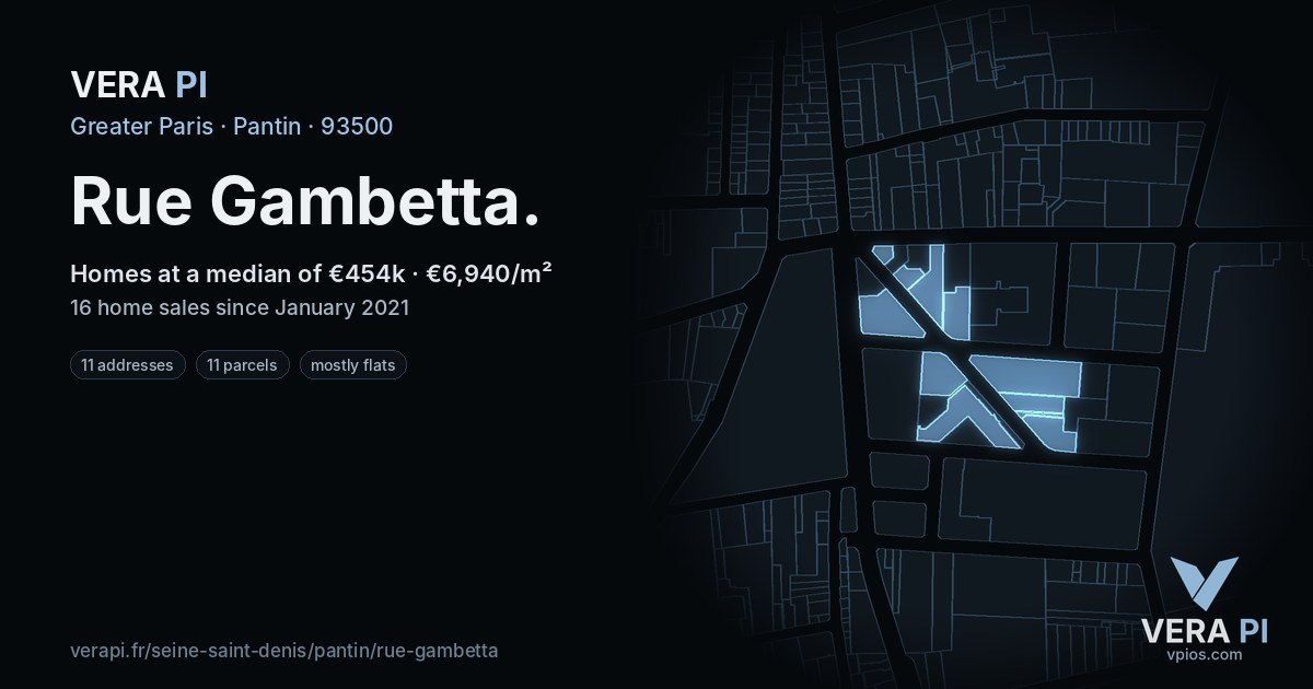 Rue Gambetta, Pantin at night – every parcel coloured by the prices around it, the street's own parcels lit