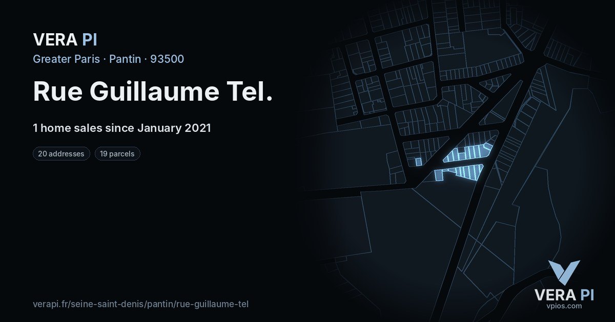 Rue Guillaume Tel, Pantin at night – every parcel coloured by the prices around it, the street's own parcels lit