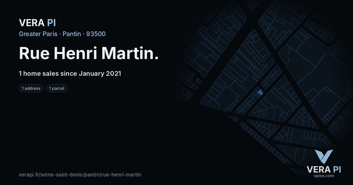 Rue Henri Martin, Pantin at night – every parcel coloured by the prices around it, the street's own parcels lit