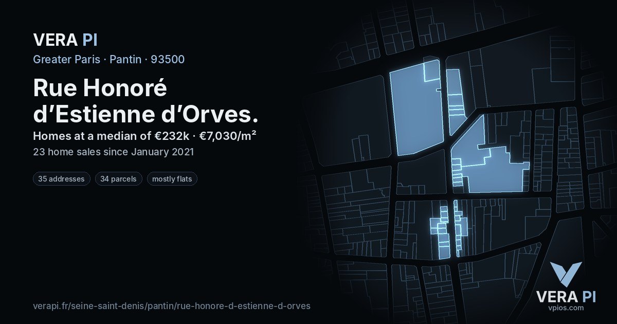 Rue Honoré d’Estienne d’Orves, Pantin at night – every parcel coloured by the prices around it, the street's own parcels lit