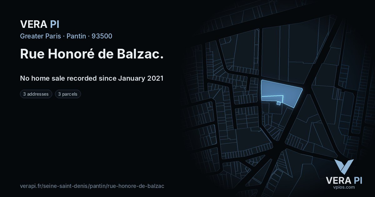 Rue Honoré de Balzac, Pantin at night – every parcel coloured by the prices around it, the street's own parcels lit