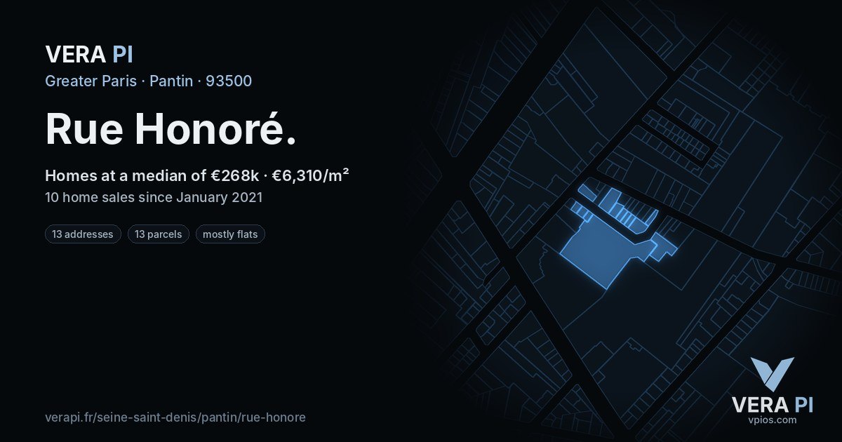Rue Honoré, Pantin at night – every parcel coloured by the prices around it, the street's own parcels lit