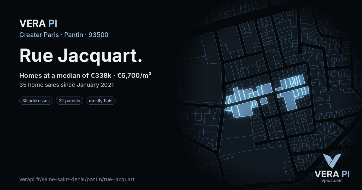 Rue Jacquart, Pantin at night – every parcel coloured by the prices around it, the street's own parcels lit