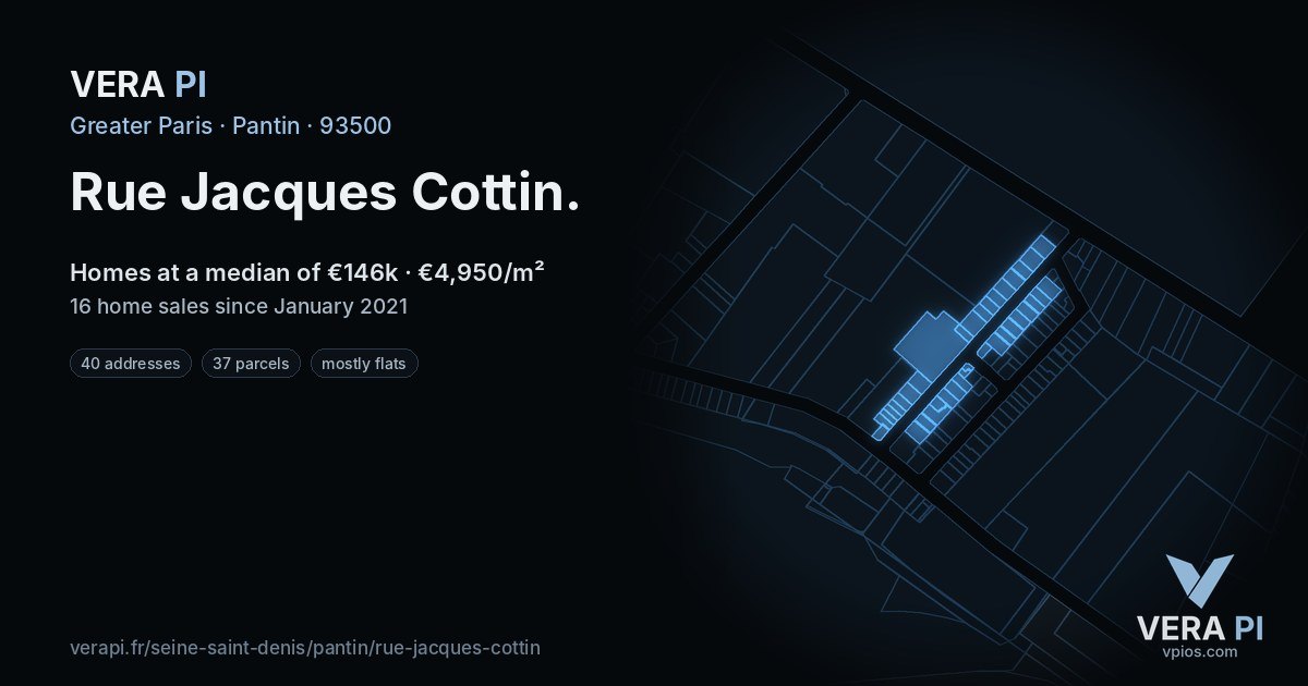 Rue Jacques Cottin, Pantin at night – every parcel coloured by the prices around it, the street's own parcels lit