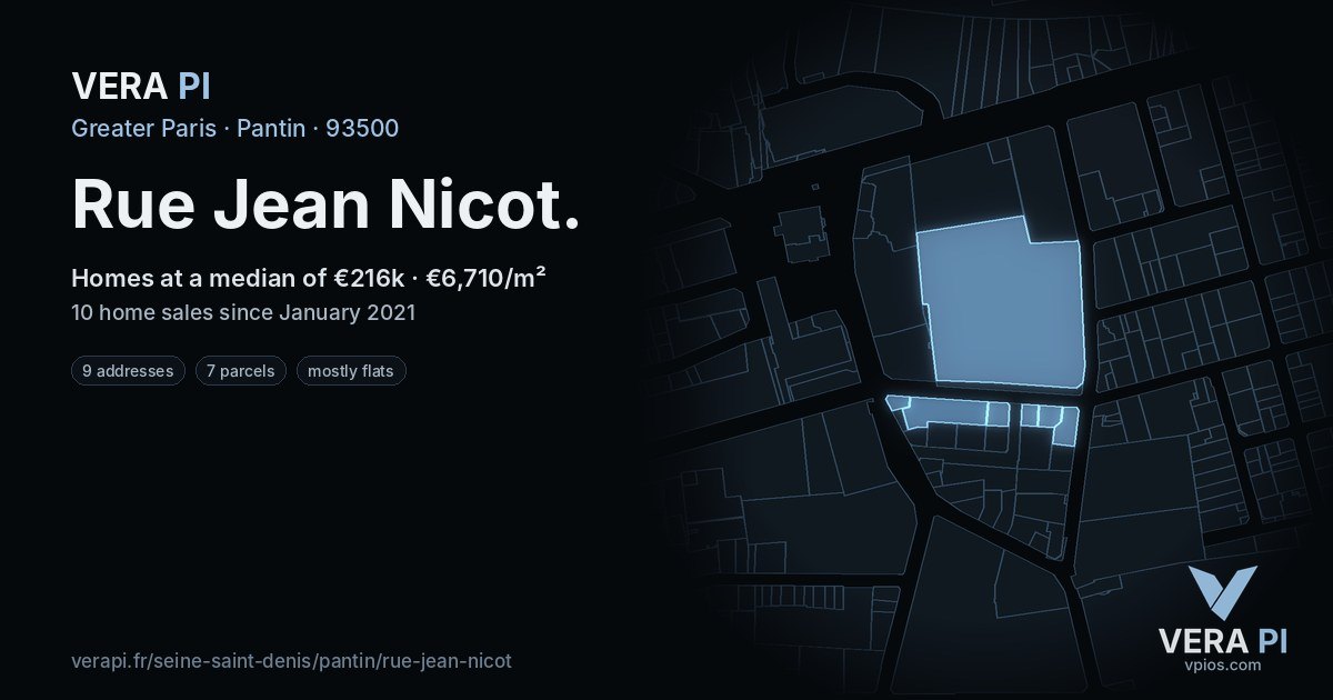 Rue Jean Nicot, Pantin at night – every parcel coloured by the prices around it, the street's own parcels lit