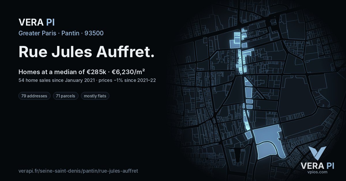 Rue Jules Auffret, Pantin at night – every parcel coloured by the prices around it, the street's own parcels lit