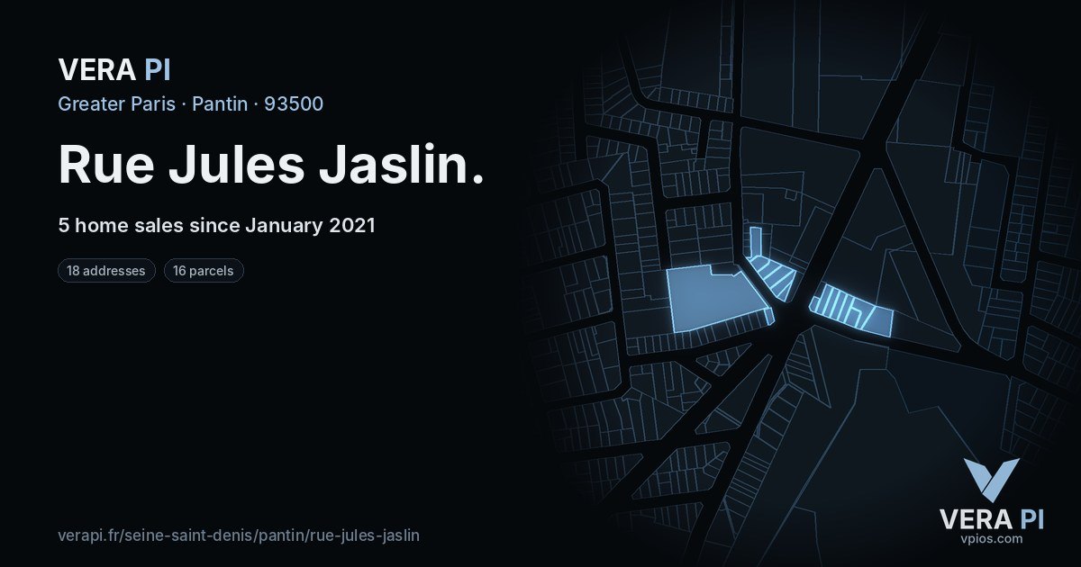 Rue Jules Jaslin, Pantin at night – every parcel coloured by the prices around it, the street's own parcels lit