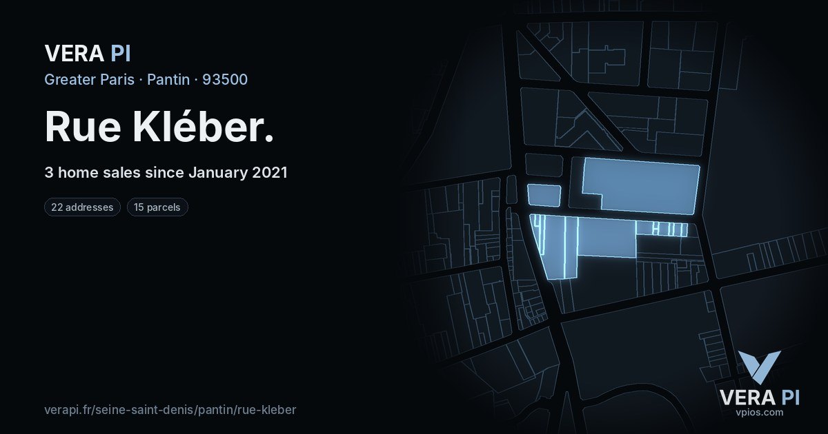 Rue Kléber, Pantin at night – every parcel coloured by the prices around it, the street's own parcels lit