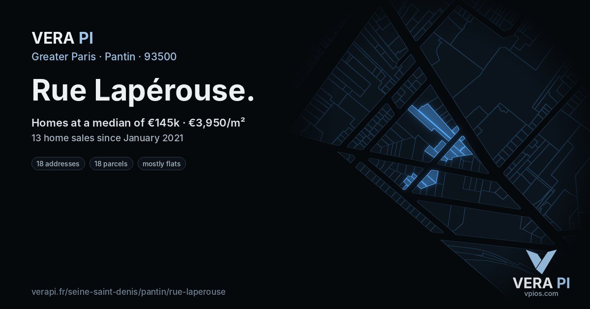 Rue Lapérouse, Pantin at night – every parcel coloured by the prices around it, the street's own parcels lit