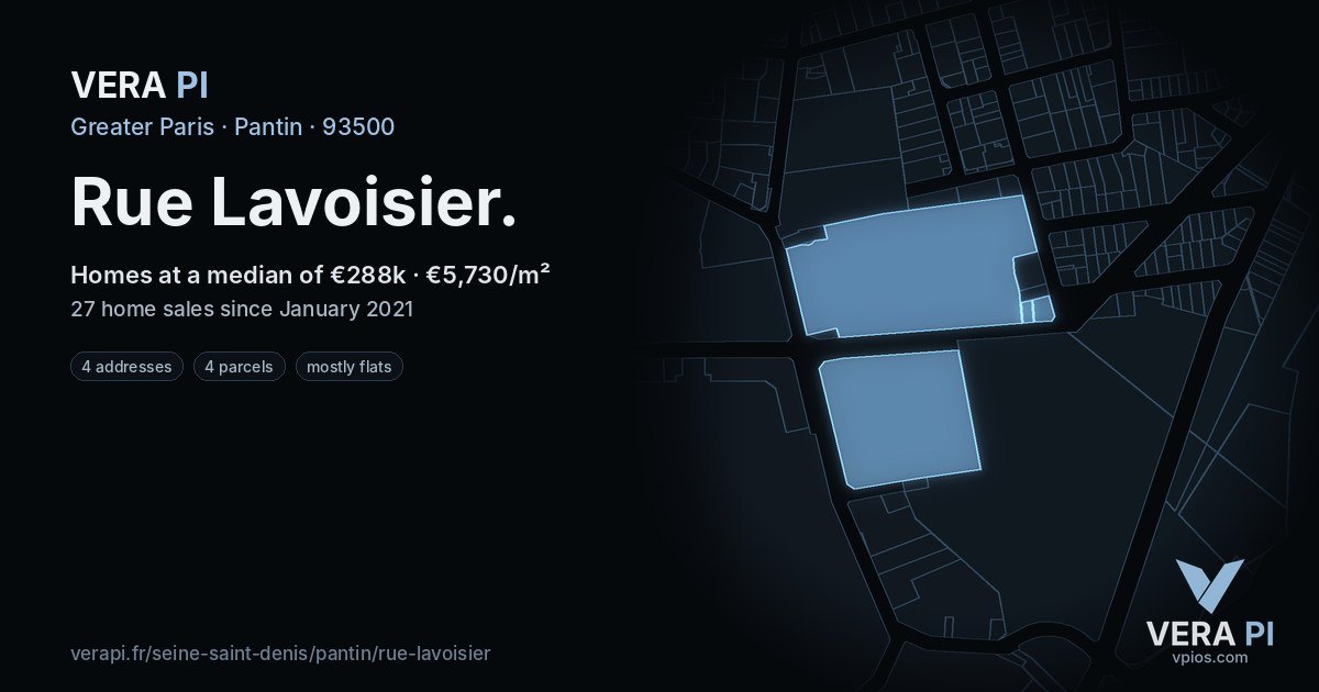 Rue Lavoisier, Pantin at night – every parcel coloured by the prices around it, the street's own parcels lit