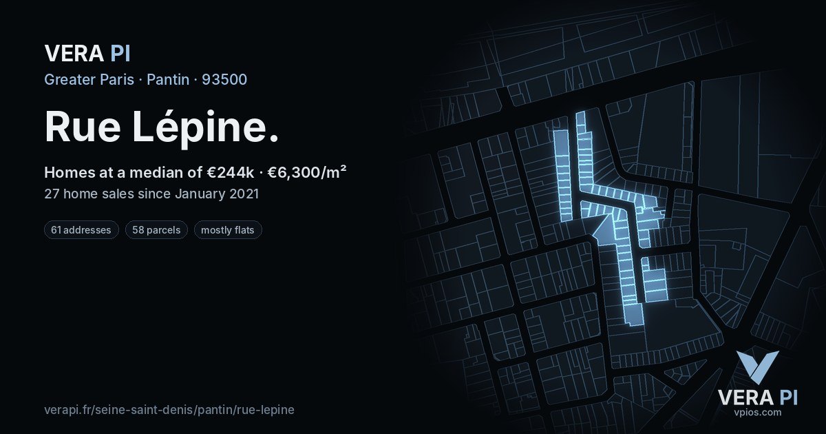 Rue Lépine, Pantin at night – every parcel coloured by the prices around it, the street's own parcels lit