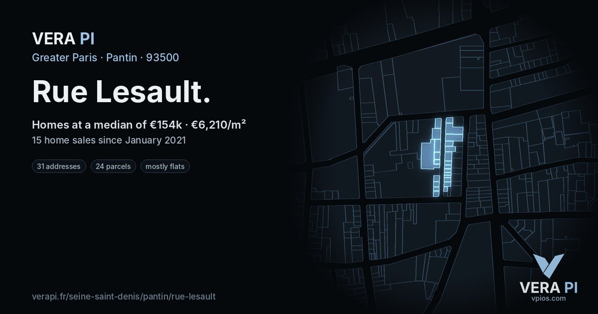 Rue Lesault, Pantin at night – every parcel coloured by the prices around it, the street's own parcels lit