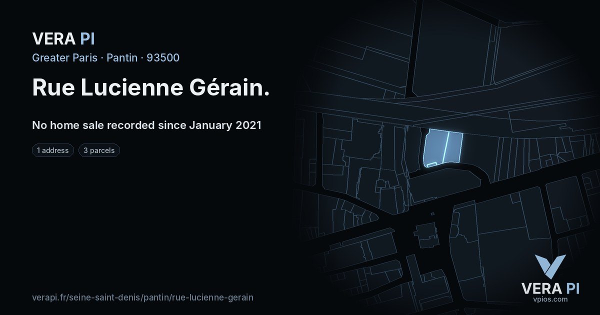 Rue Lucienne Gérain, Pantin at night – every parcel coloured by the prices around it, the street's own parcels lit