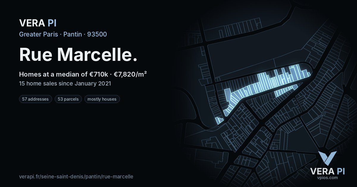 Rue Marcelle, Pantin at night – every parcel coloured by the prices around it, the street's own parcels lit