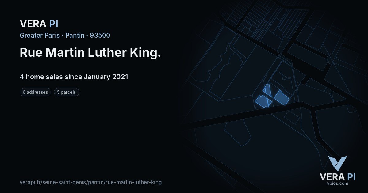 Rue Martin Luther King, Pantin at night – every parcel coloured by the prices around it, the street's own parcels lit