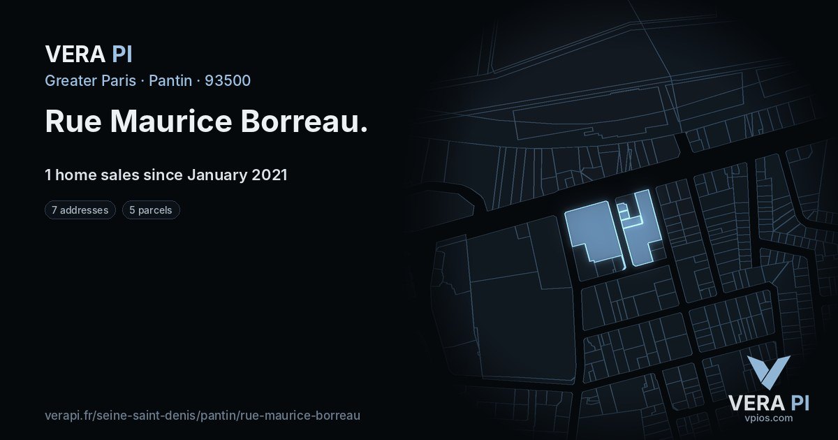 Rue Maurice Borreau, Pantin at night – every parcel coloured by the prices around it, the street's own parcels lit