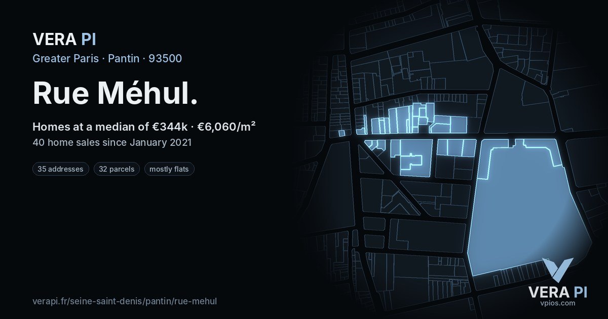 Rue Méhul, Pantin at night – every parcel coloured by the prices around it, the street's own parcels lit