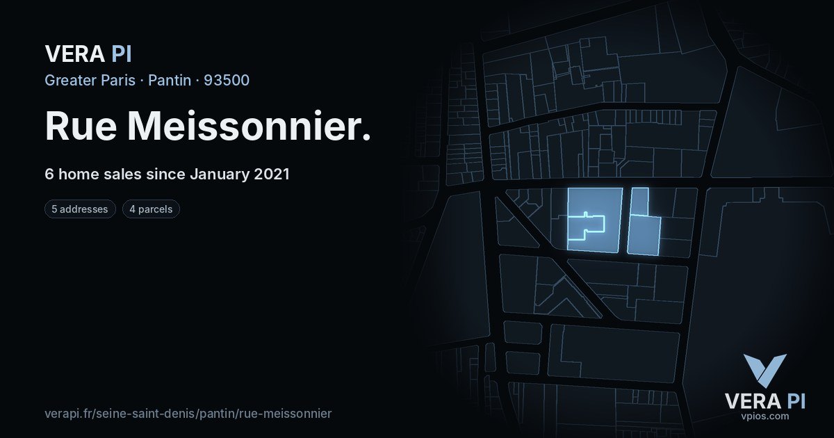 Rue Meissonnier, Pantin at night – every parcel coloured by the prices around it, the street's own parcels lit