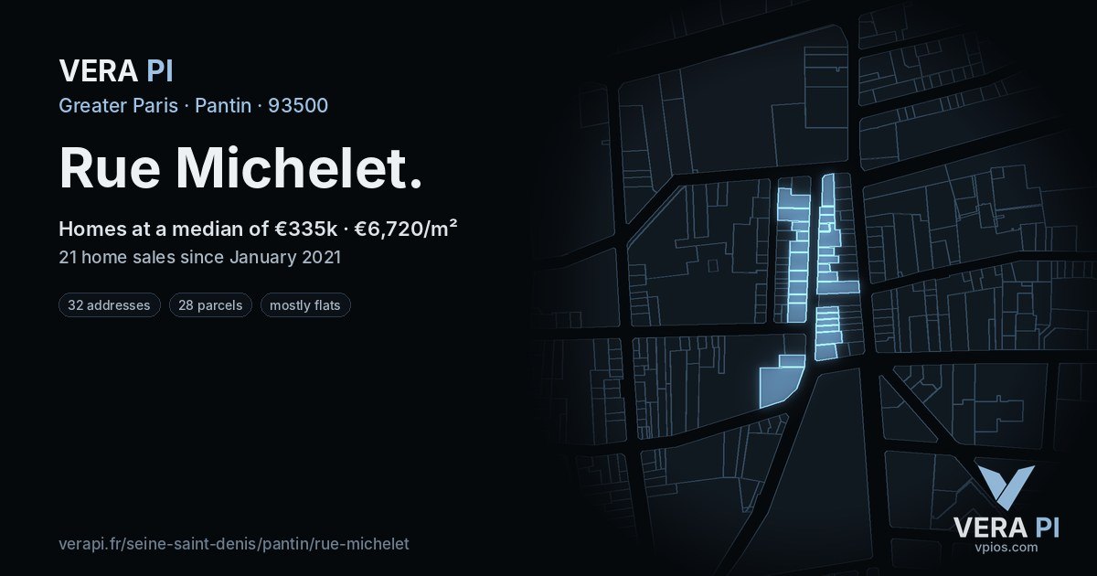 Rue Michelet, Pantin at night – every parcel coloured by the prices around it, the street's own parcels lit